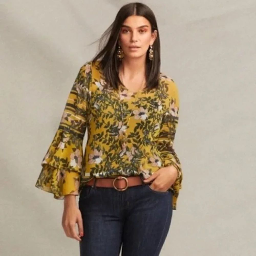CABI Yellow Spring Scene Semi Sheer Bell Sleeve Floral Lightweight Blouse Small